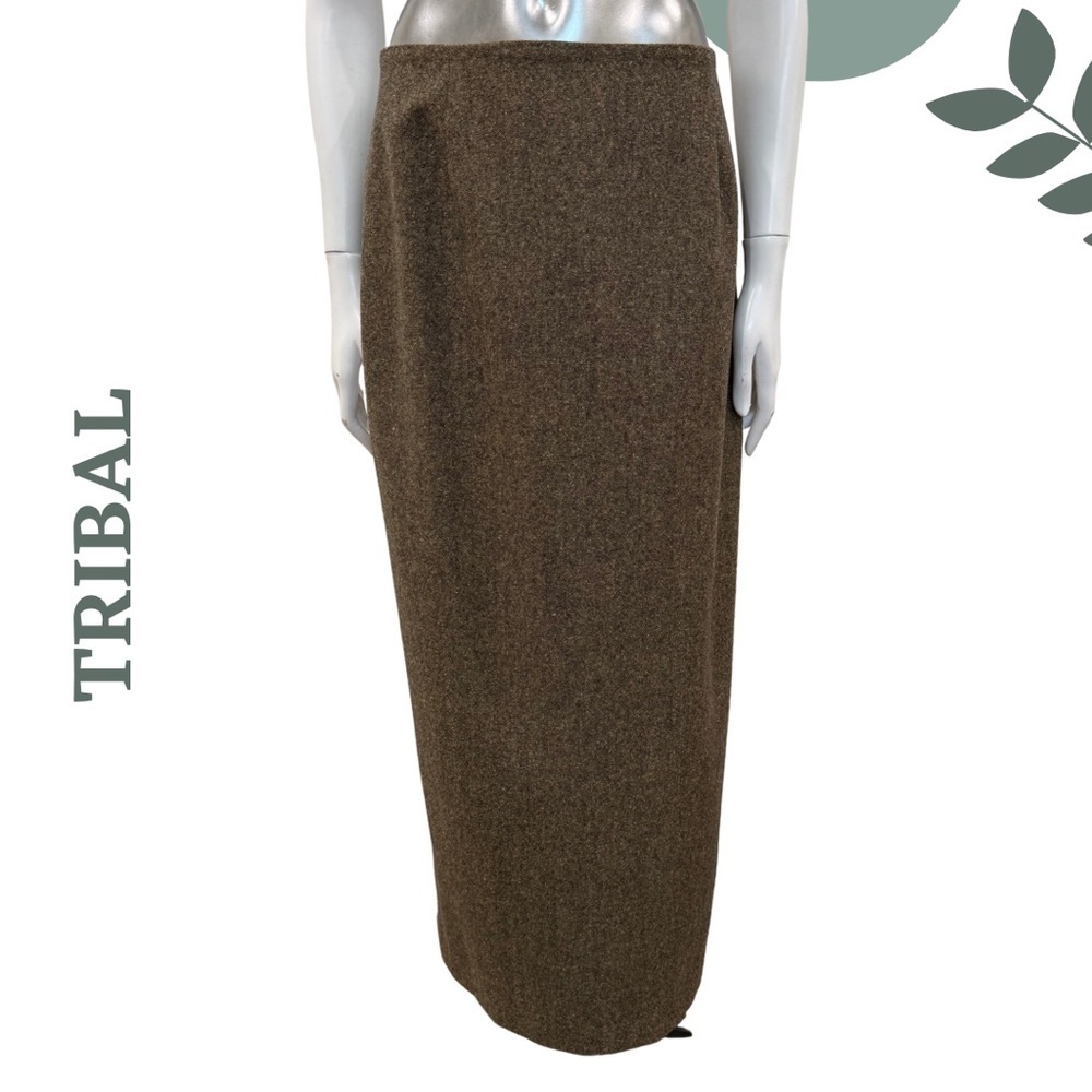 Tribal Wool-Blend Maxi Skirt Brown Faux Zipper Rear Slit Detail – Size 8